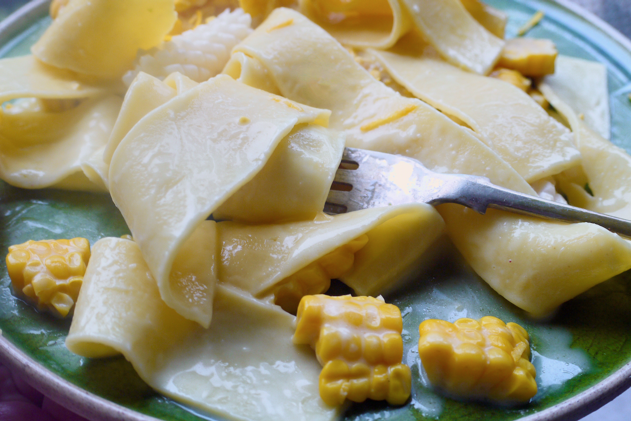 close up of pappardelle twirled around a fork
