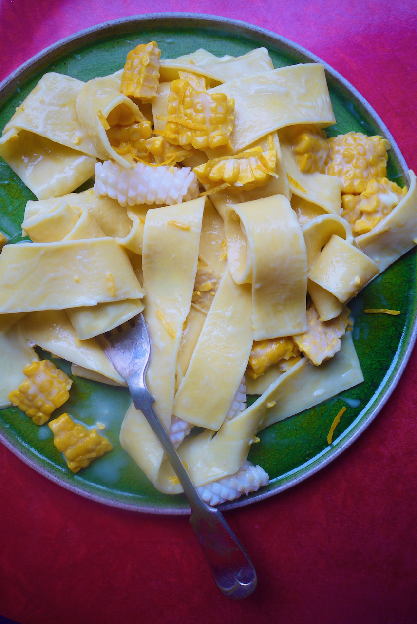 pappardelle on a green plate on a red background
