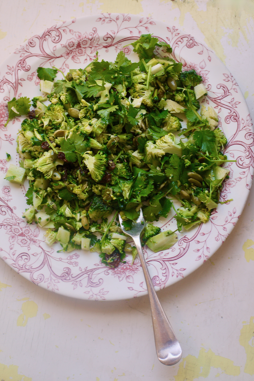 a fork resting on a pink and white plate of broccoli salad on a white background