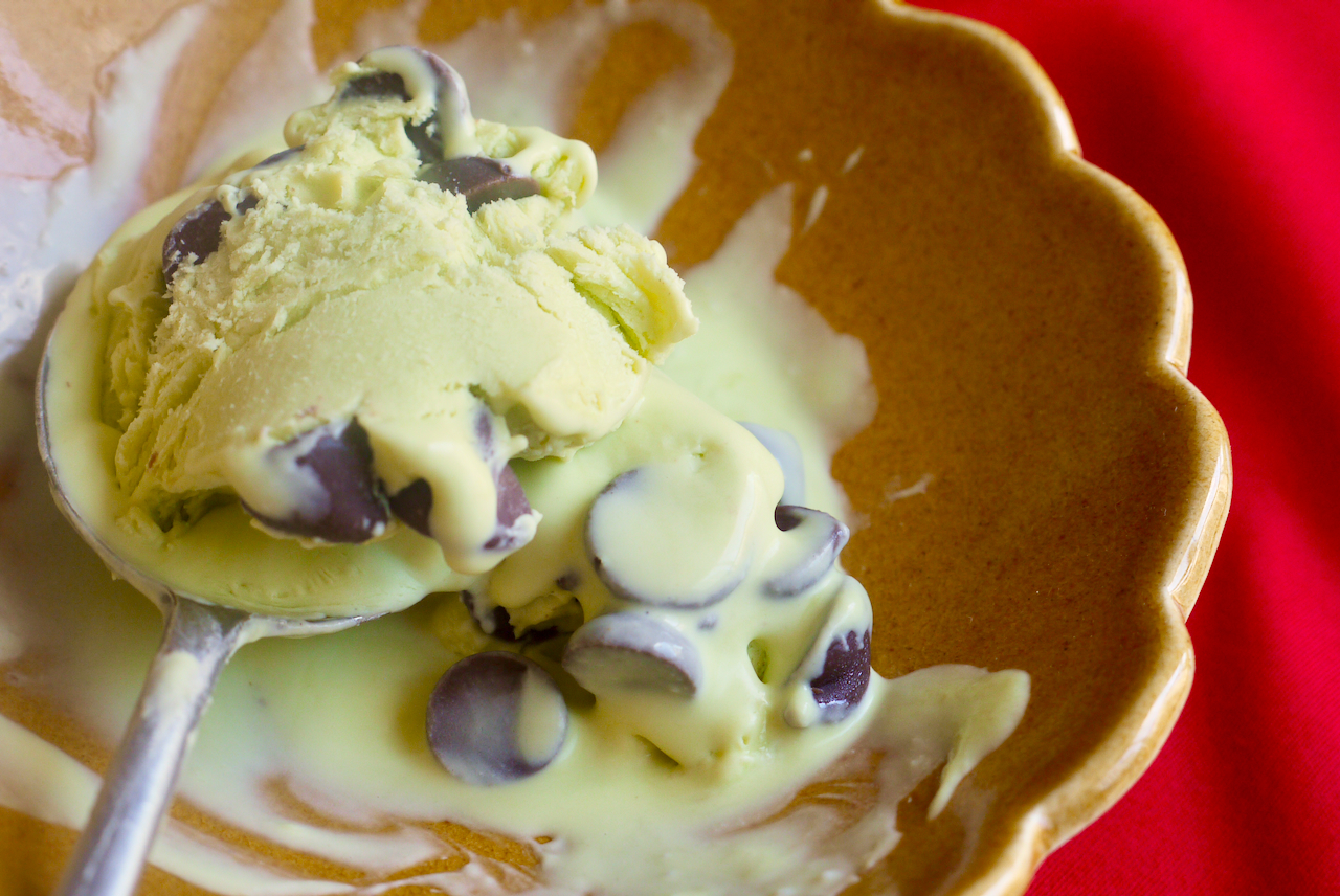 a spoonful of mint choc chip ice cream in a brown bowl on a red background