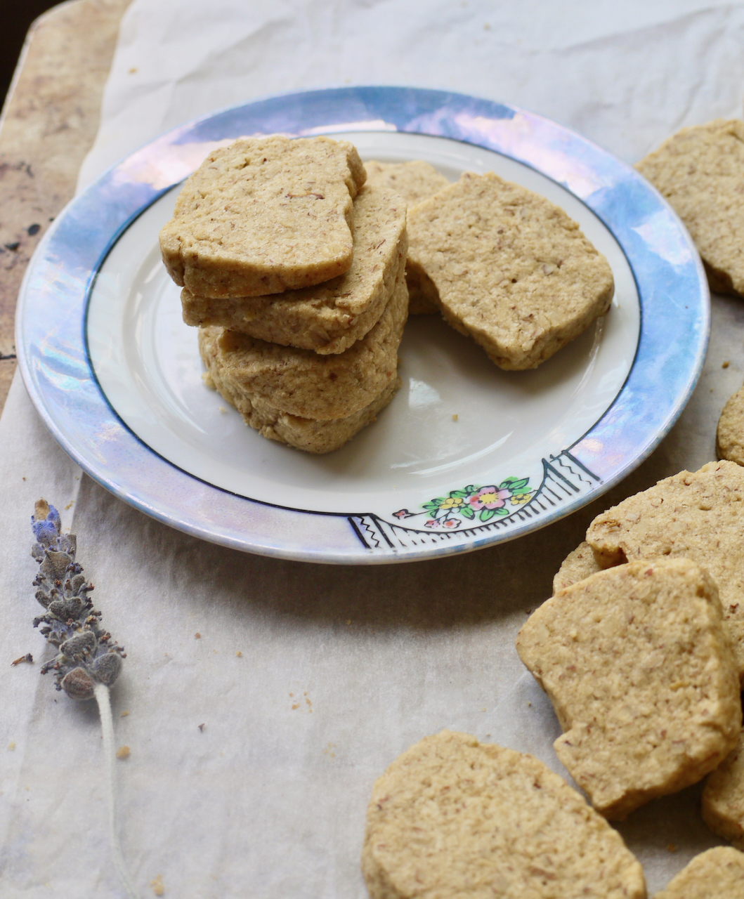 a stack of biscuits on a blue-bordered white plate