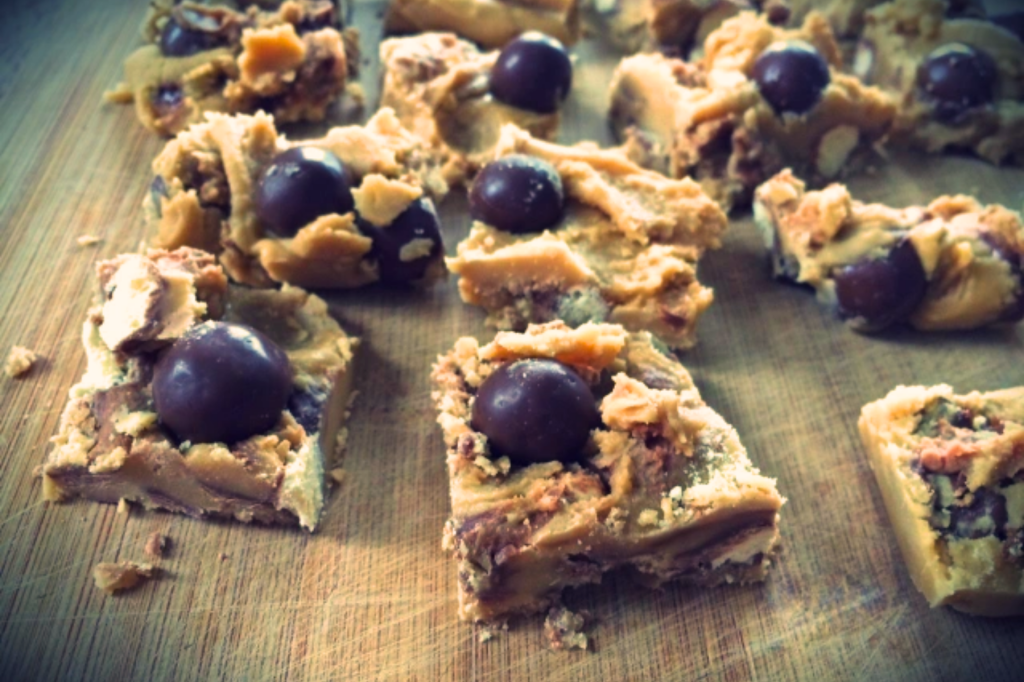 Squares of fudge with malteasers. This image links through to a web page with this recipe.