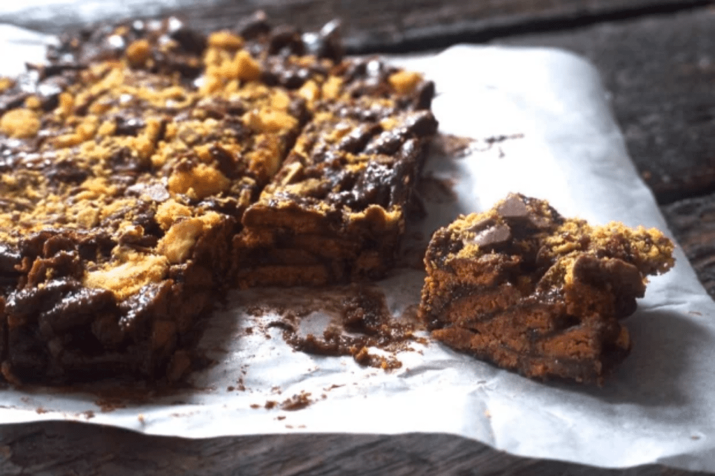 Pieces of crunchie bar slice. This image links through to a web page with this recipe.