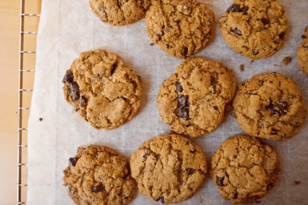 Chocolate chip cookies on a tray. This image links through to a web page with the recipe.