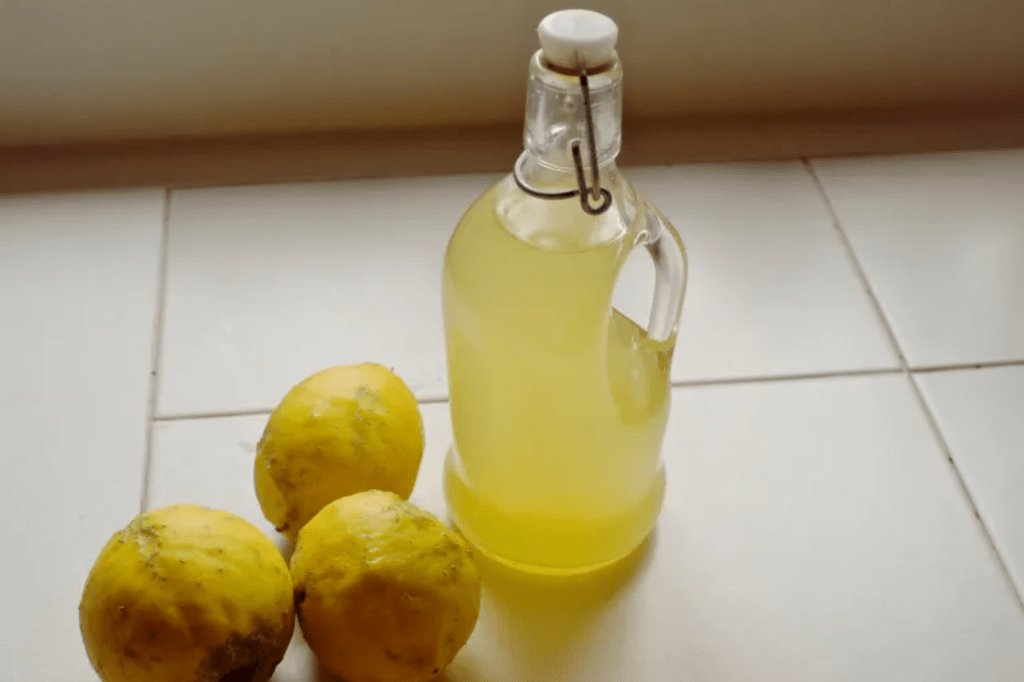 A bottle of lemonade cordial next to three lemons. This image links through to a web page with this recipe.
