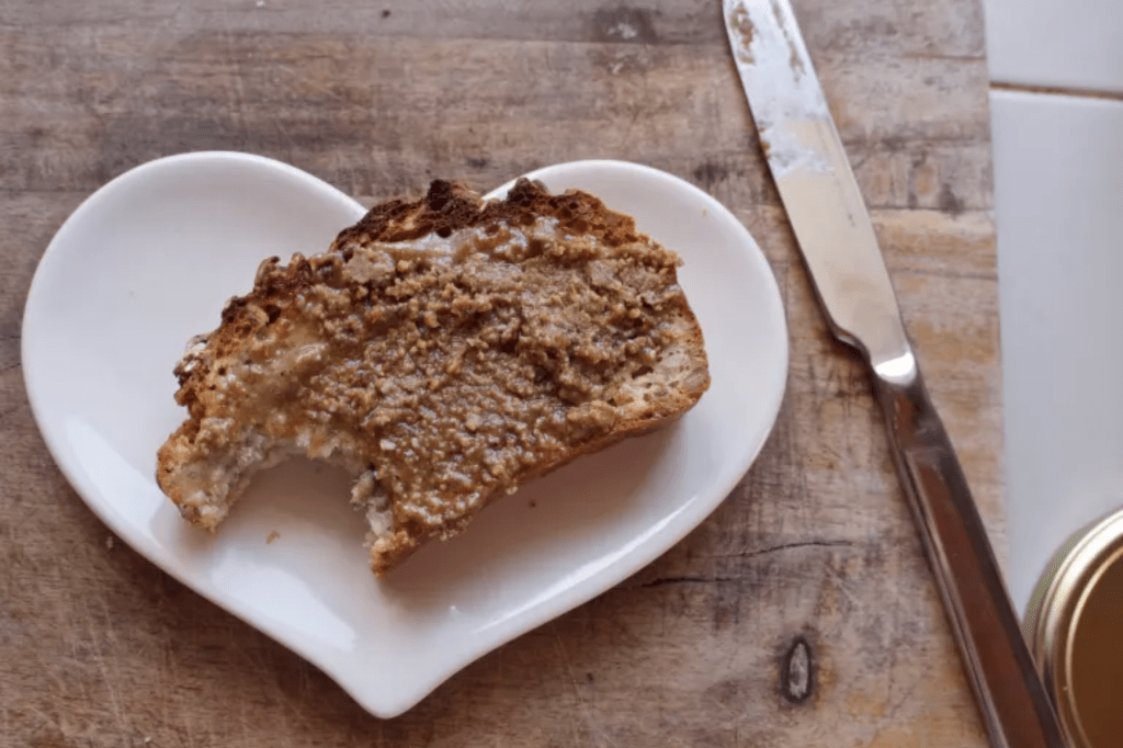 A piece of toast on a heart shaped plate. This image links through to a web page with the recipe.