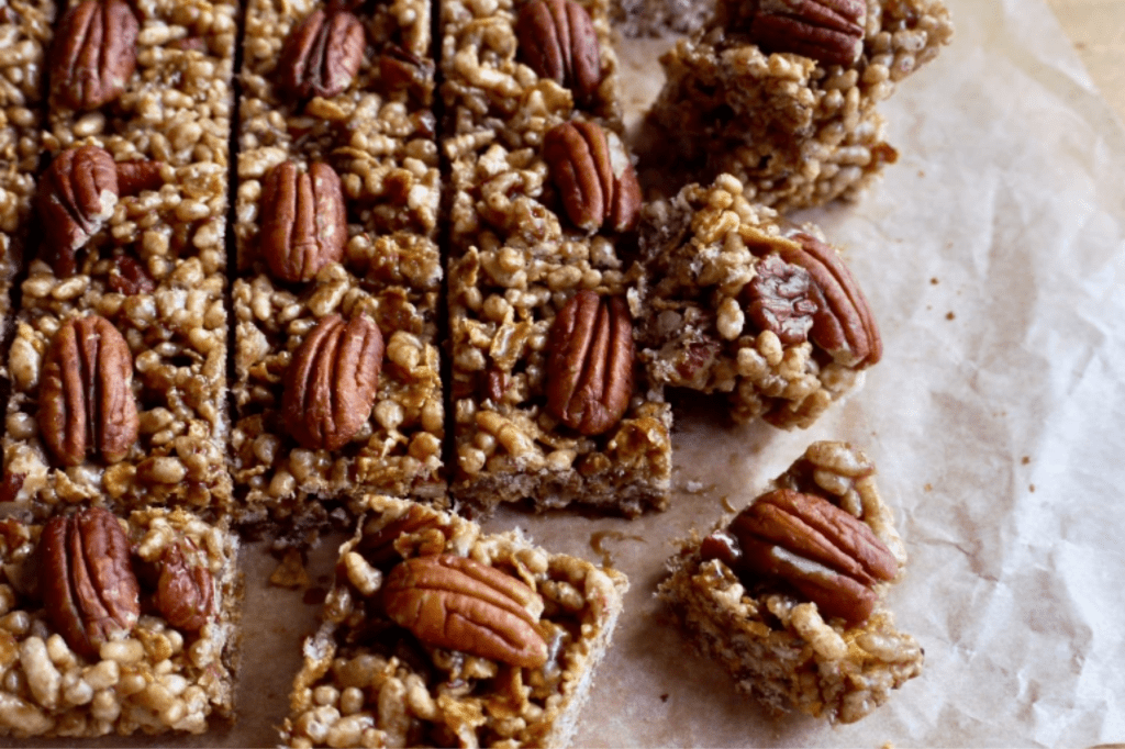Sliced pecan pie crunch slice. This image links through to a web page with this recipe.