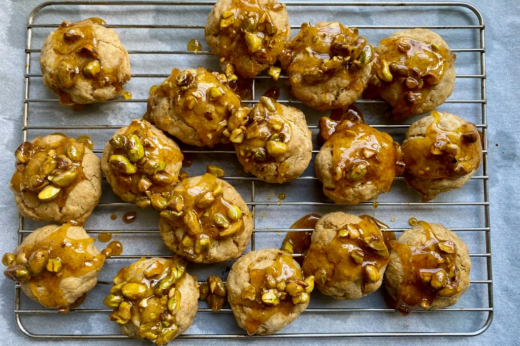 Pistachio toffee cookies. This image links through to a web page with the recipe.