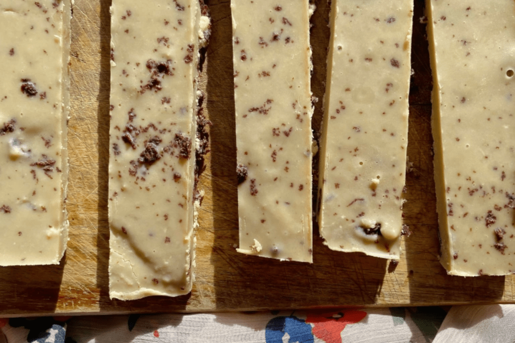 Long slices of cookies and cream chocolate. This image links through to a web page with this recipe.