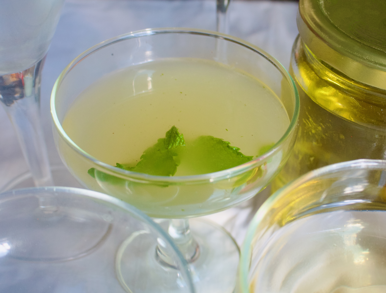 a cocktail with a sprig of mint in it