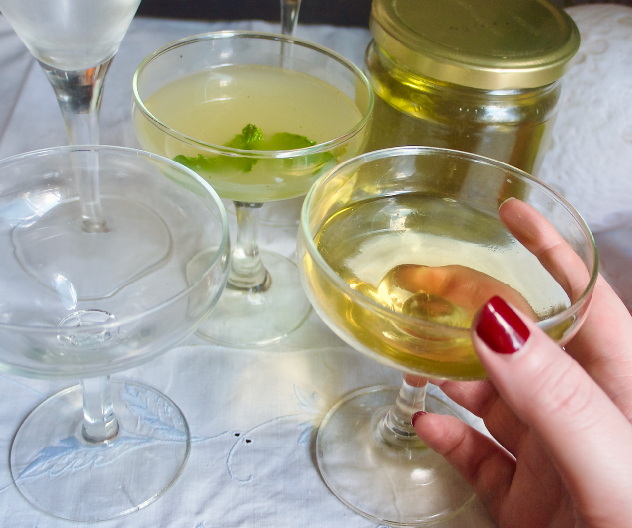 a hand with red nails holding a cocktail