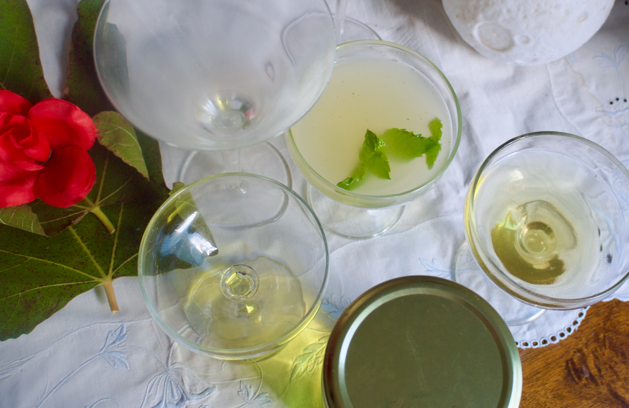 full and empty cocktail glasses with a red fabric rose