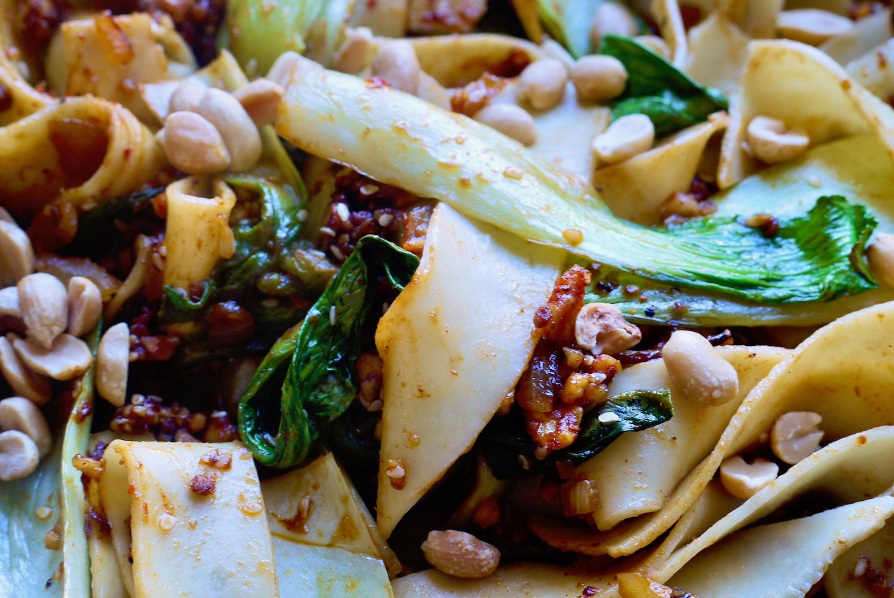 Close up of noodles and vegetables