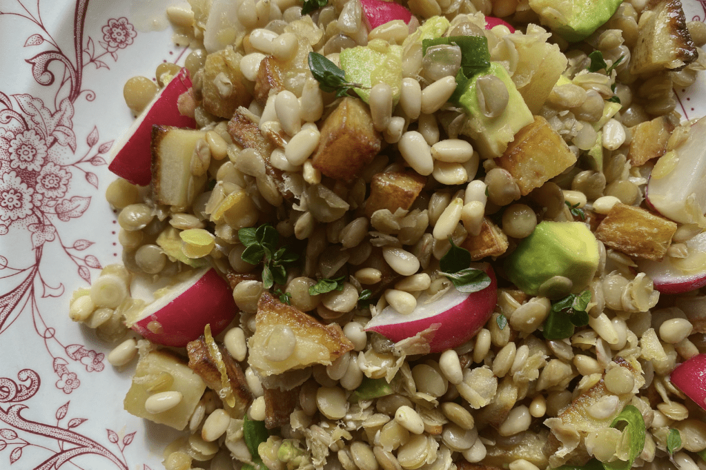 A lentil and radish salad on a pink and white plate. This image links to a web page with this recipe.