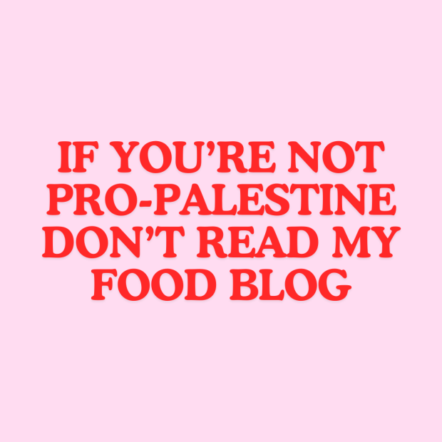 The message "If you're not pro-palestine don't read my food blog" in red font against a light pink background.